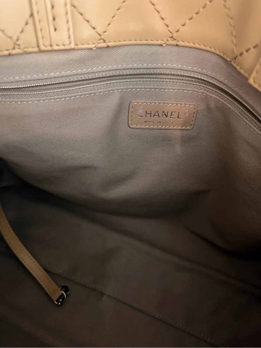 CHANEL Beige Quilted Leather Tote with Chain-Trim CC Charm